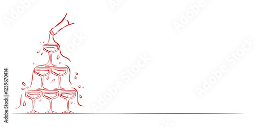 Coquette aesthetic elements of hand drawn line art. Champagne Cascade in simple crayon and sketch style. Symbols for Valentine day and invitations templates. Doodle vector illustration