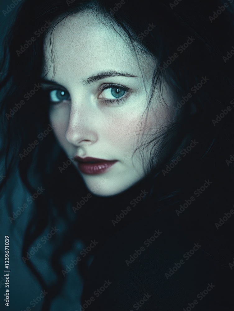 A striking and enigmatic portrait of a woman with blue eyes, dark hair, and a contemplative expression. She exudes an air of mystery and sultry allure. A striking and enigmatic portrait of a woman with blue eyes, dark hair, and a contemplative expression. She exudes an air of mystery and sultry allure.