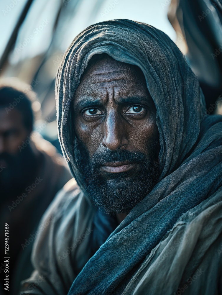 A bearded man with a contemplative expression gazes away from the camera in a desert setting. A bearded man with a contemplative expression gazes away from the camera in a desert setting.