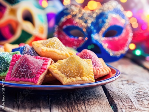 Plate of festive pastries with vibrant icing. photo