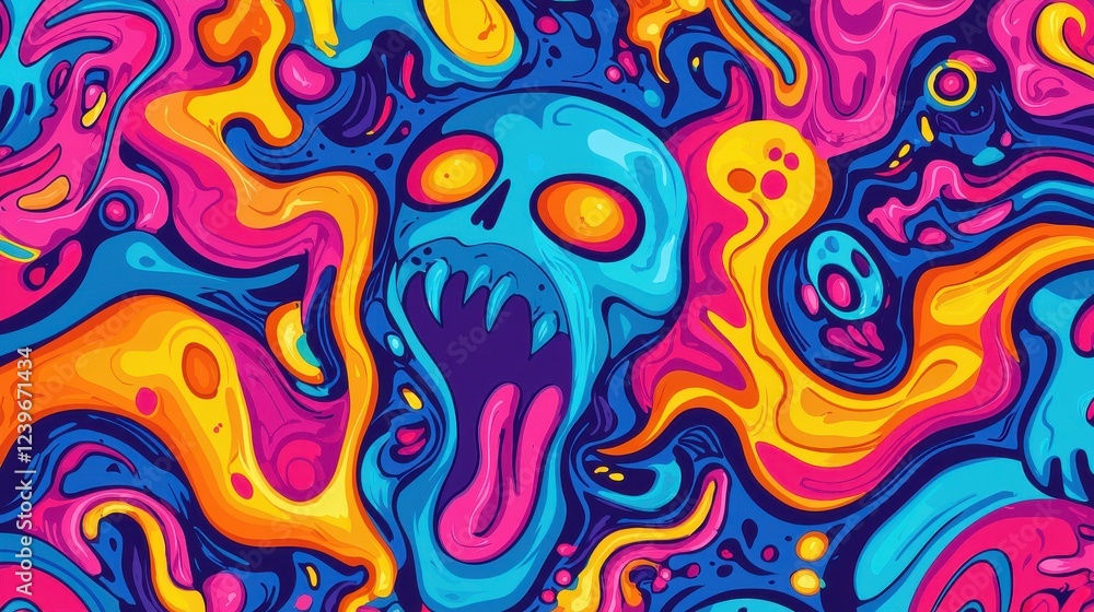 Abstract Illustration of Colorful Skull Surrounded by Vivid Swirls Abstract Illustration of Colorful Skull Surrounded by Vivid Swirls