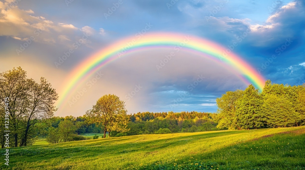 Naklejka premium A vivid rainbow stretches across the sky, arching over a park with green trees and grass, displaying the splendor of nature.