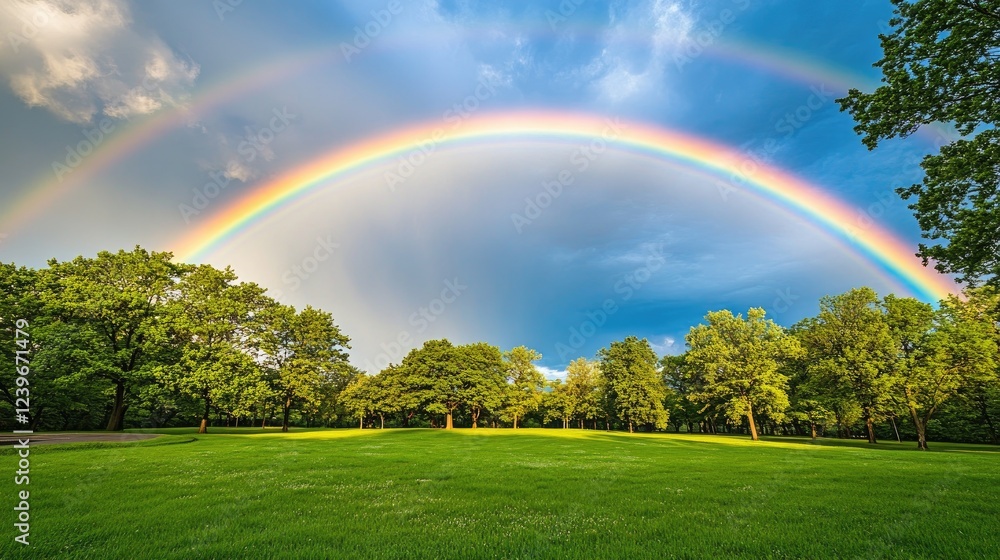 A vivid rainbow stretches across the sky, arching over a park with green trees and grass, displaying the splendor of nature. A vivid rainbow stretches across the sky, arching over a park with green trees and grass, displaying the splendor of nature.