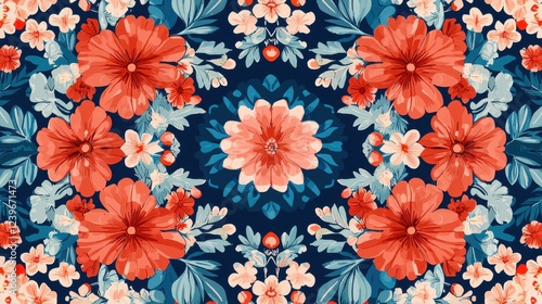 Vibrant Floral Pattern with Red and Blue Elements on Dark Background