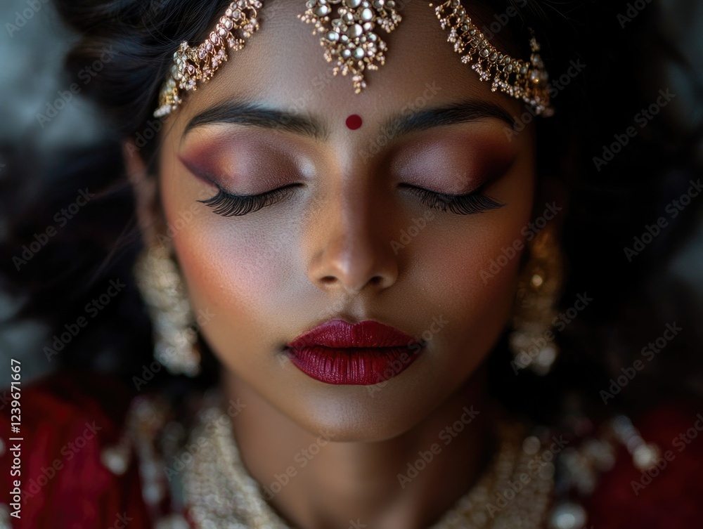 A woman with red lipstick and a gold headband. She is wearing a red dress A woman with red lipstick and a gold headband. She is wearing a red dress