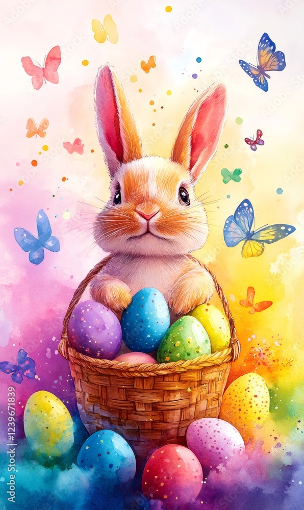 Obraz premium Adorable easter bunny holding a basket full of colorful, glittery eggs surrounded by butterflies in a vibrant spring setting