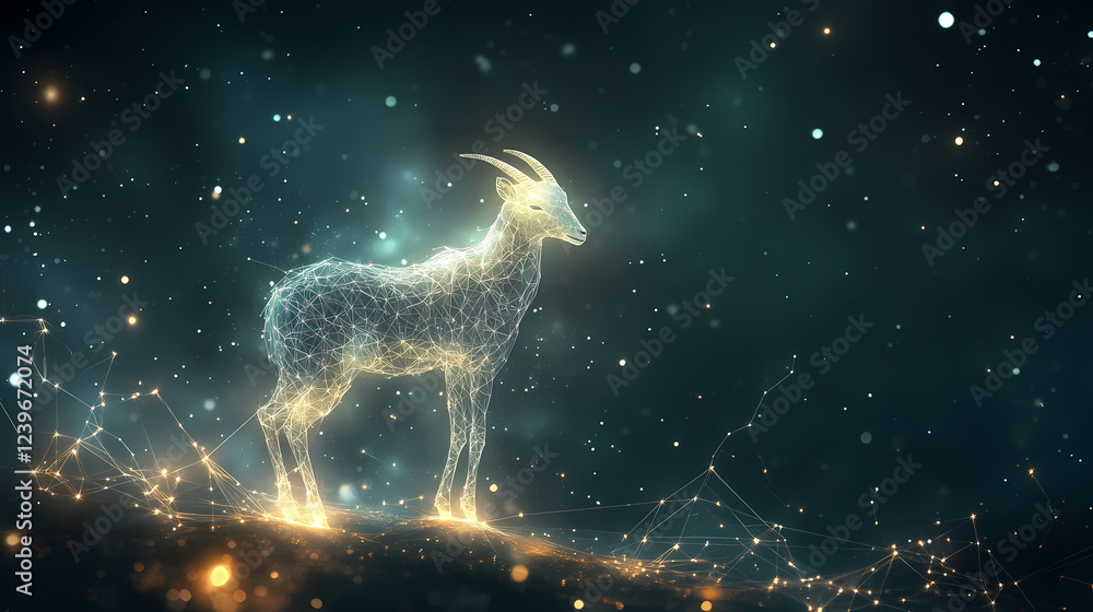 An ethereal constellation of a goat shining beautifully under a vast cosmos, with intertwining glowing lines and dots, balancing celestial themes and artistic creation. Celestial Themes. Illustration An ethereal constellation of a goat shining beautifully under a vast cosmos, with intertwining glowing lines and dots, balancing celestial themes and artistic creation. Celestial Themes. Illustration