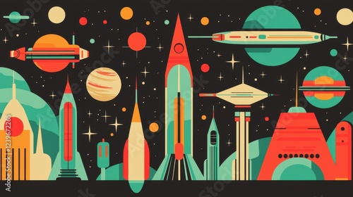 Wallpaper Mural Retro Futuristic Space Exploration Design with Rockets and Planets Torontodigital.ca