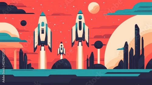 Futuristic Rocket Launch in Colorful Retro Space Landscape