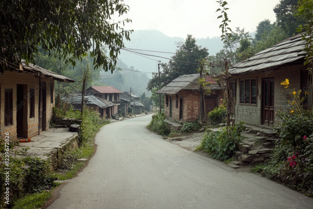 Rural village road with stone and brick houses. Rural village road with stone and brick houses.