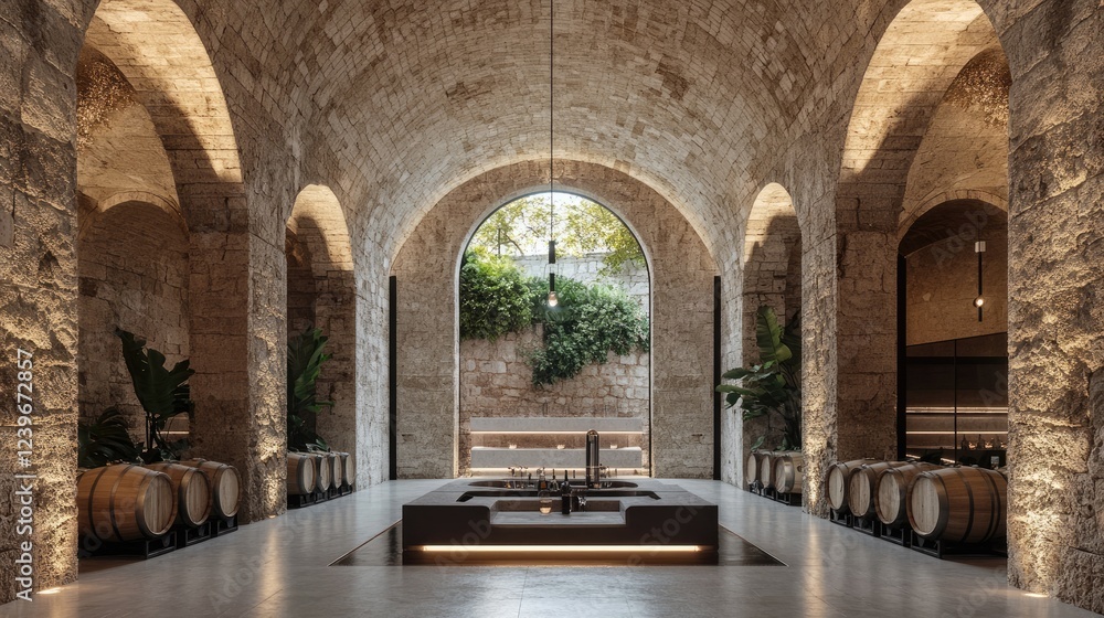 Fototapeta premium Ancient stone wine cellar with arched ceilings lined with aging barrels