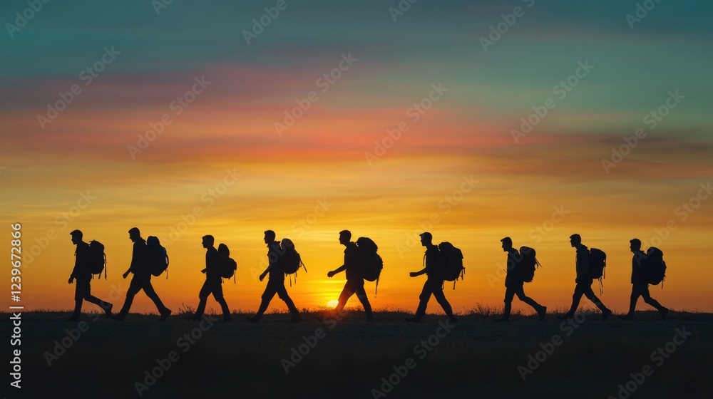 Silhouetted soldiers walk across a landscape at sunset, carrying packs, suggesting training or patrol activity. Silhouetted soldiers walk across a landscape at sunset, carrying packs, suggesting training or patrol activity.