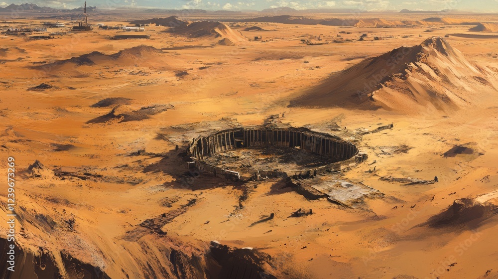 Obraz premium Aerial view of greenhouse ruins in a vast desert, surrounded by cracked earth and sparse vegetation, with distant dunes creating an isolated, desolate landscape