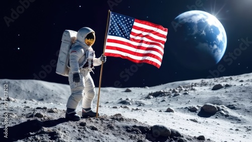 An astronaut proudly holds the American flag on the moon, with Earth rising above the lunar surface.
Concept of: American dream on the Moon.