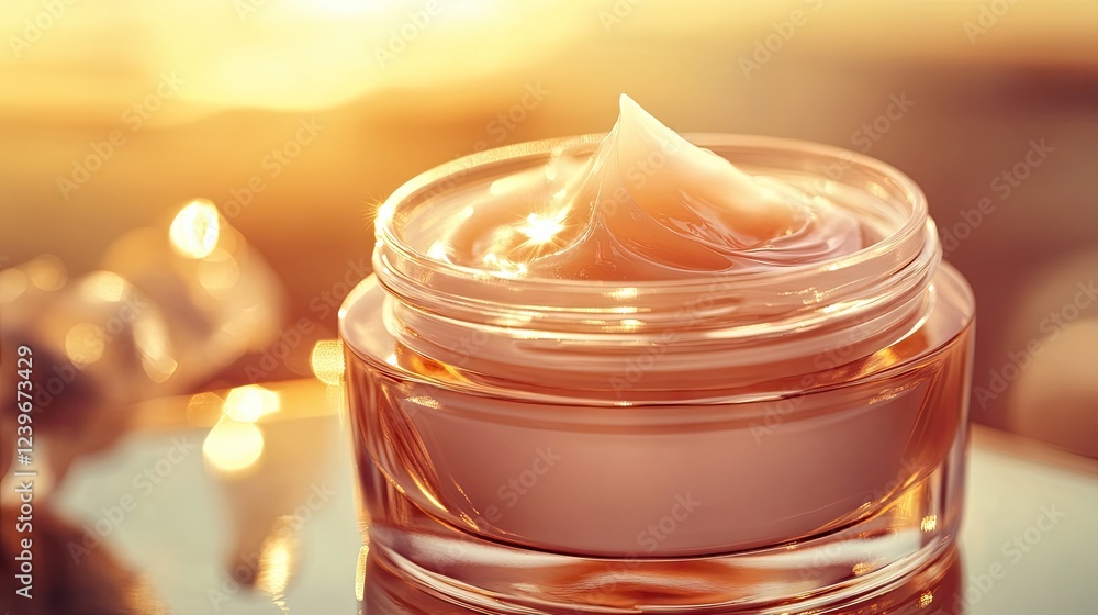 An open jar of luminous night cream glowing under soft golden light, symbolizing deep hydration An open jar of luminous night cream glowing under soft golden light, symbolizing deep hydration