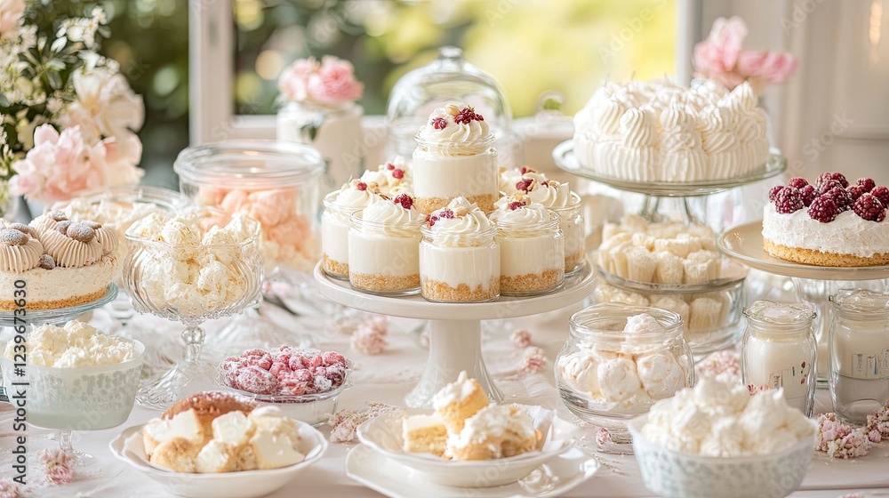 A bright and airy party table featuring different creamy whites inside delicate glass jars A bright and airy party table featuring different creamy whites inside delicate glass jars