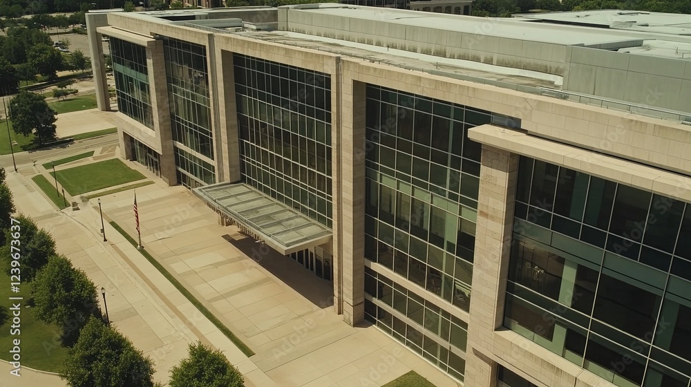 Fototapeta premium Aerial Perspective of Modern Federal Reserve Building with Prominent Entrance and Large Windows, Architectural Design, Urban Landscape, Financial Institution, Government Entity