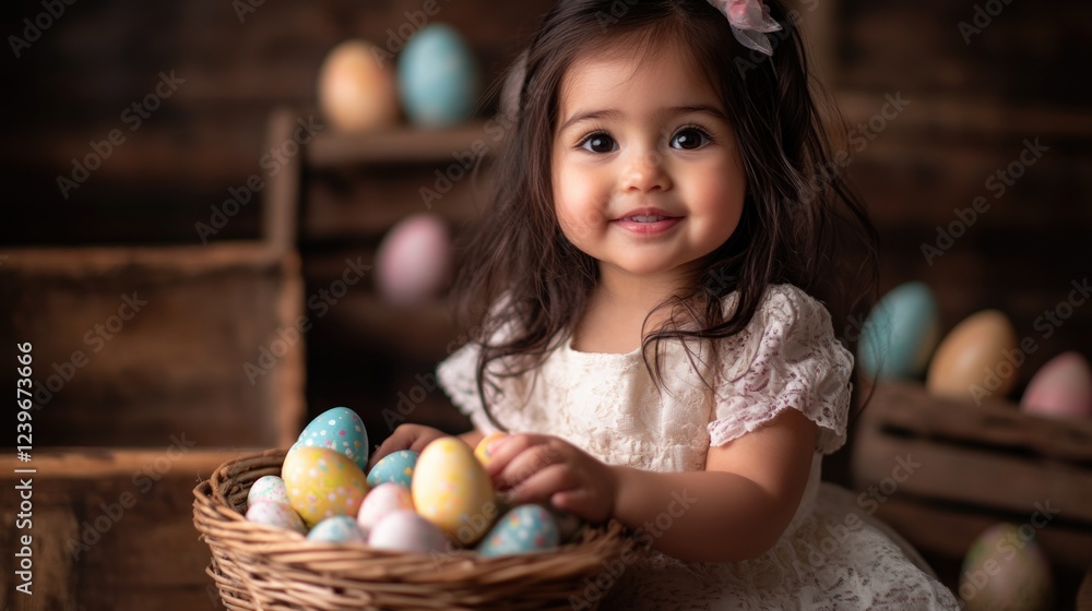 Fototapeta premium Easter celebration with a young child holding colorful eggs.