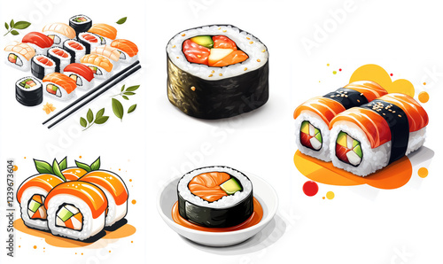 Vibrant Sushi Icon Set with Chopsticks