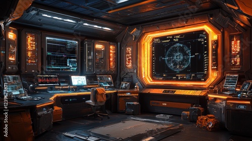 Fototapeta Naklejka Na Ścianę i Meble -  Futuristic Spaceship Bridge Command Center:  A Digital Cockpit of Advanced Technology