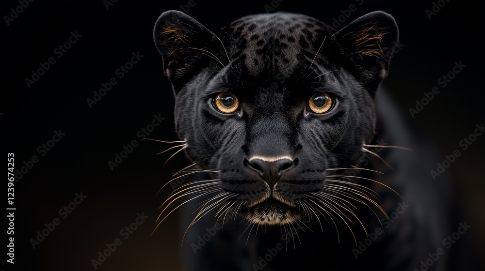 Obraz premium Majestic black panther gazing intensely with piercing amber eyes against a dramatic dark background showcasing power and elegance in the wild.