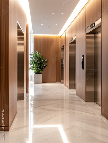 Modern elevator lobby with wooden walls, polished floors, and indoor plants creating a sleek atmosphere.