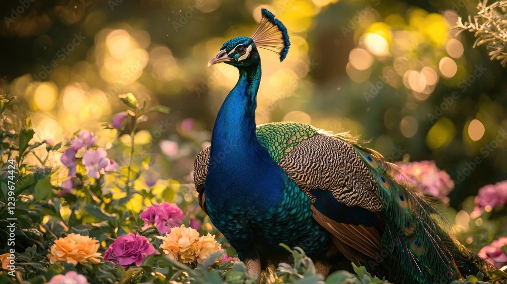 custom made wallpaper toronto digitalElegant Peacock Displaying Vibrant Feathers Among Colorful Flowers