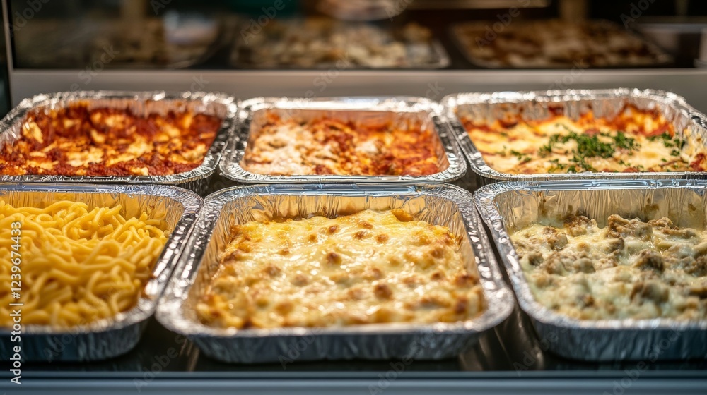 Assorted baked pasta dishes displayed in aluminum trays at a food venue during late evening