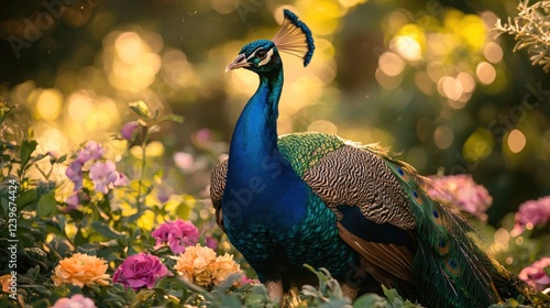 Wallpaper Mural Elegant Peacock Displaying Vibrant Feathers Among Colorful Flowers Torontodigital.ca