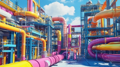 Wallpaper Mural An industrial pipeline system with vivid colors and intricate designs, situated in a high-tech environment under a sunny sky, showcasing advanced engineering. Torontodigital.ca