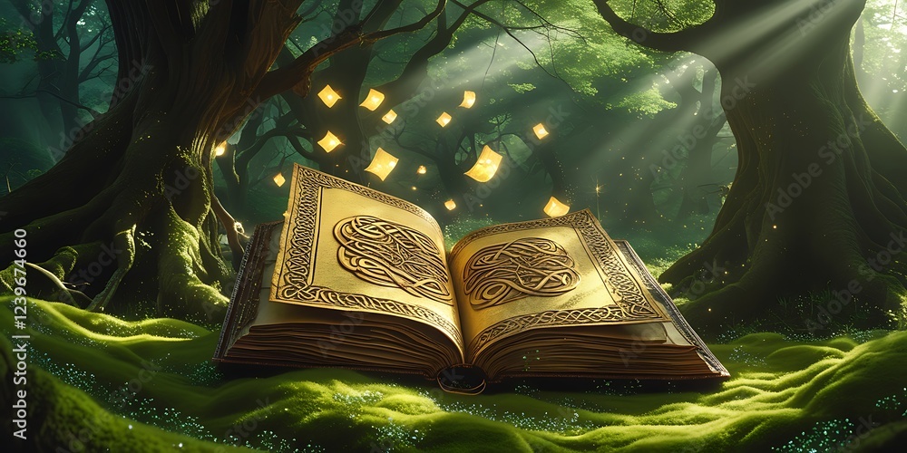Obraz premium Magical Open Book in Enchanted Forest with Glowing Light and Floating Orbs, Creating a Mystical and Dreamlike Scene Full of Fantasy and Wonder
