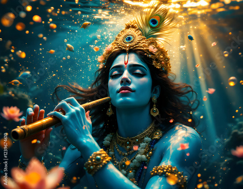 Underwater Lord Krishna – A Divine Janmashtami Artwork Blending Indian Spirituality with a Dreamlike Ocean Fantasy.
 photo