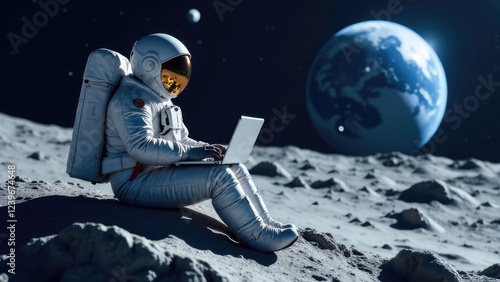 An astronaut sitting on the Moon uses a laptop with Earth in the background. Concept of: Interplanetary communication.