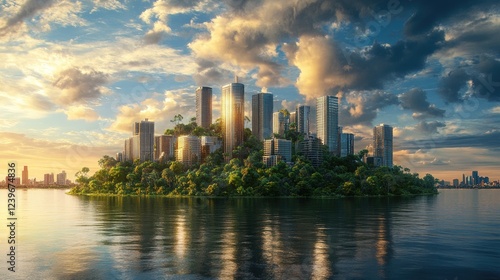 An urban island wrapped in lush vegetation, set against a dramatic sky filled with clouds, showcasing the beauty of sustainable urban design within nature.