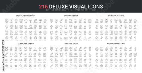 Creative graphic design tools, video games for computer and console, marketing line icon set. Digital technology, web app wireframe development thin black outline symbols vector illustration