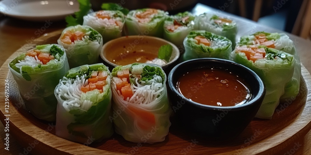 Colorful vegetable sushi rolls served on wooden cutting board, with dipping sauces. Colorful vegetable sushi rolls served on wooden cutting board, with dipping sauces.
