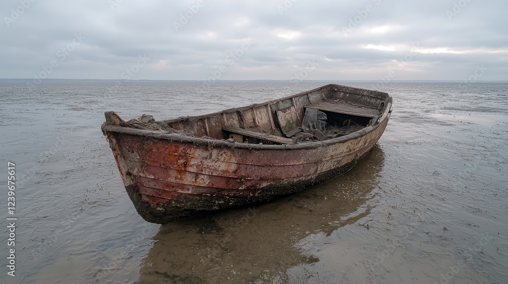 Abandoned boat, muddy shoreline, overcast sky, coastal scene, stock photo Abandoned boat, muddy shoreline, overcast sky, coastal scene, stock photo