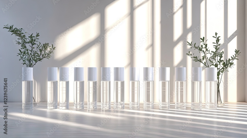 A set of minimalist, high-end skincare bottles with soft, glowing light emphasizing their clean formulas A set of minimalist, high-end skincare bottles with soft, glowing light emphasizing their clean formulas