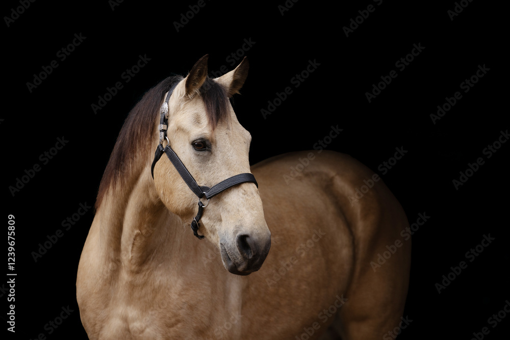 Fototapeta premium Buckskin Quarter Horse portrait black background