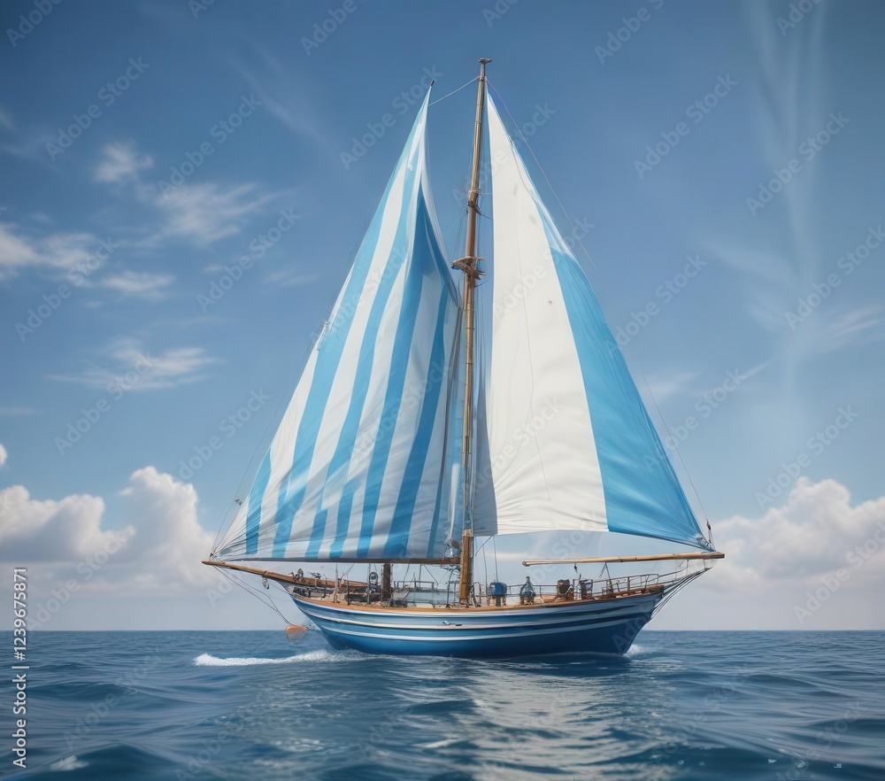 Fototapeta premium Blue striped background with a large sailboat on it, sailing, waves, serene