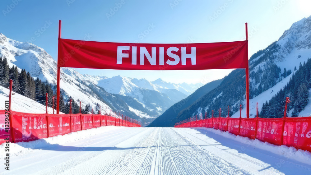 custom made wallpaper toronto digitalA red finish line banner stretches across a snowy ski slope against a backdrop of majestic mountains under a clear blue sky. Concept of: Victory achieved. Cross-Country Skiing Ski Championships