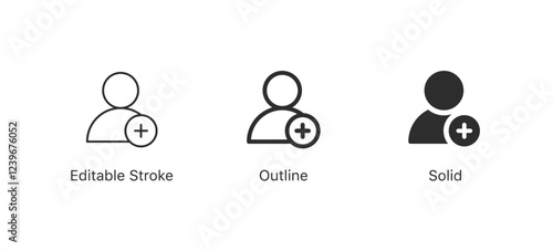 Add user icon or add friends icons set vector male person profile avatar with plus symbol, add account app sign ; new user account or add new friend icons. editable stroke