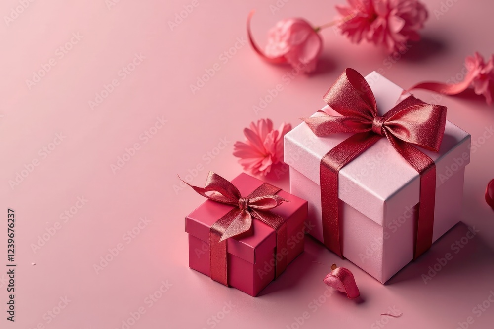 Obraz premium Elegant gift boxes, tied with ribbons, labeled 