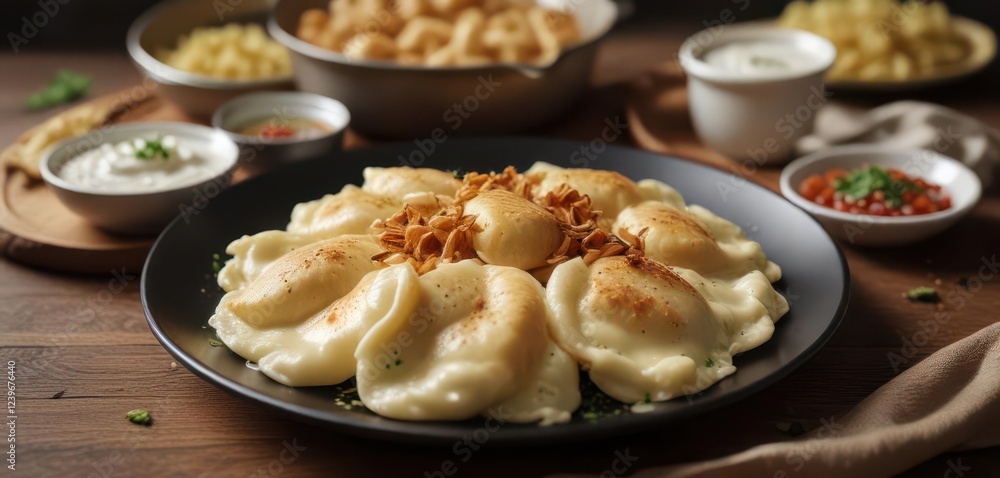 boiled pierogi dumplings with fried onions and sour cream, boiled, fried, topping boiled pierogi dumplings with fried onions and sour cream, boiled, fried, topping