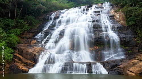 Majestic Waterfall Cascading Through Lush Green Jungle Landscape