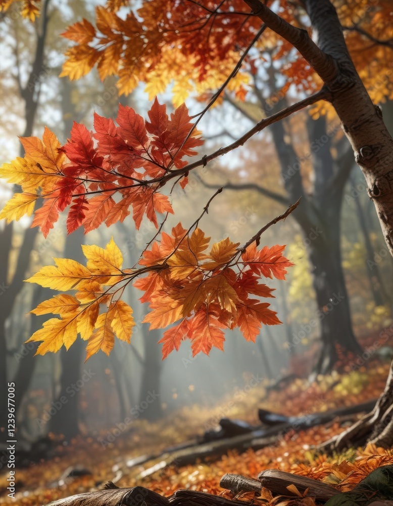 Branch with vibrant autumn leaves on a tree branch in a forest setting , foliage, tree, fall Branch with vibrant autumn leaves on a tree branch in a forest setting , foliage, tree, fall