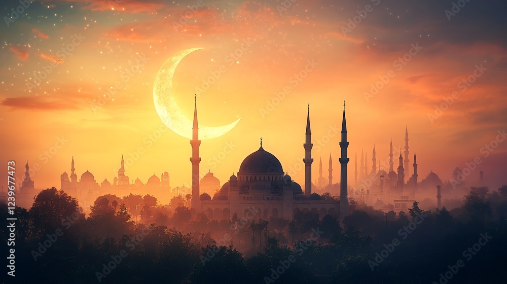 Fototapeta premium Ramadan poster with mosque at night