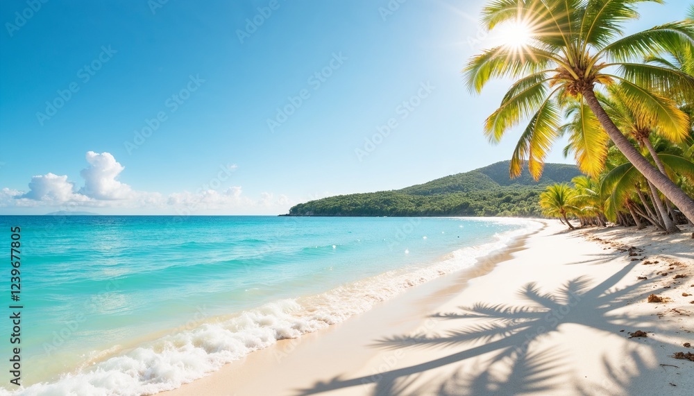 Tropical beach with turquoise water and palm trees, travel poster Tropical beach with turquoise water and palm trees, travel poster