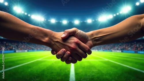 Two hands shaking against a blurred stadium background, representing sportsmanship and agreement. Concept of collaboration. Fair play concept