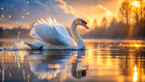 Fototapeta Naklejka Na Ścianę i Meble -  Elegant White Swan on Sparkling Lake - Serene Nature Scene